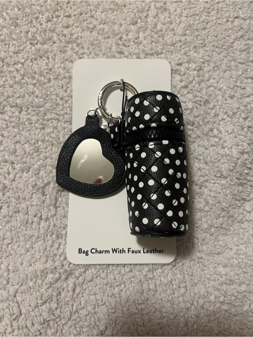 Nordstrom Black and White Polka Dot Lipstick Holder Keychain with Heart Mirror